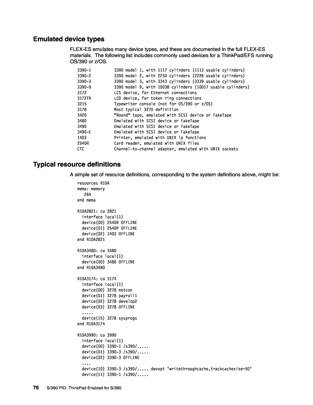 IBM s/390 manual Emulated device types, Typical resource definitions, 76 S/390 PID ThinkPad Enabled for S/390 