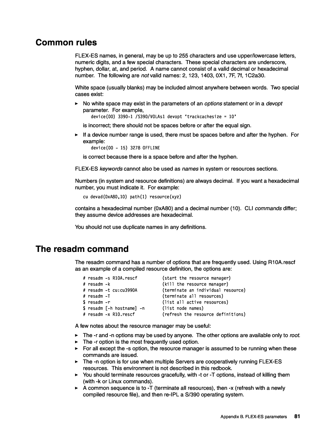 IBM s/390 manual Common rules, The resadm command 