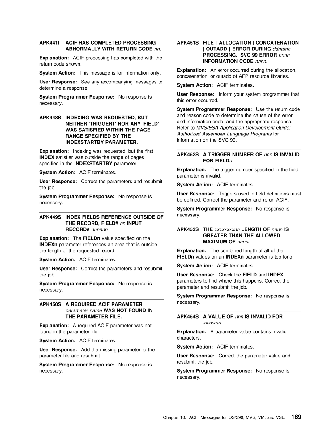 IBM S544-5285-01 manual Acif has Completed Processing, During, Error, But, ANY Field, FIELD# Input, Found, Is Invalid for 