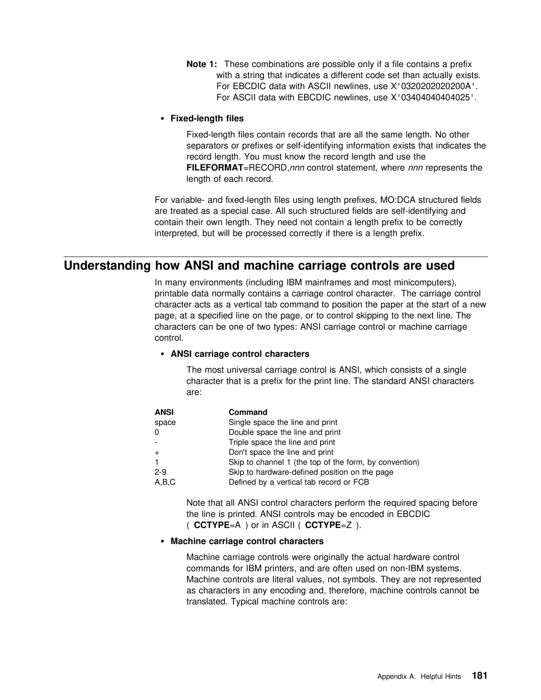 IBM S544-5285-01 manual Carriage controls, Fixed-length files, Understanding how Ansi, Ansi carriage control characters 