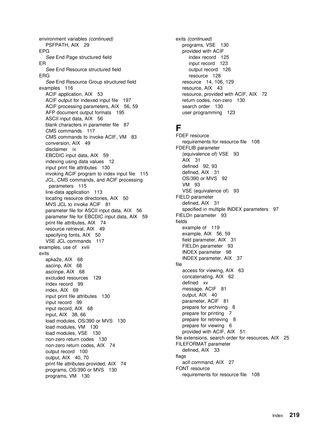 IBM S544-5285-01 manual Variables Exits, Epg, Erg, AIX Index 