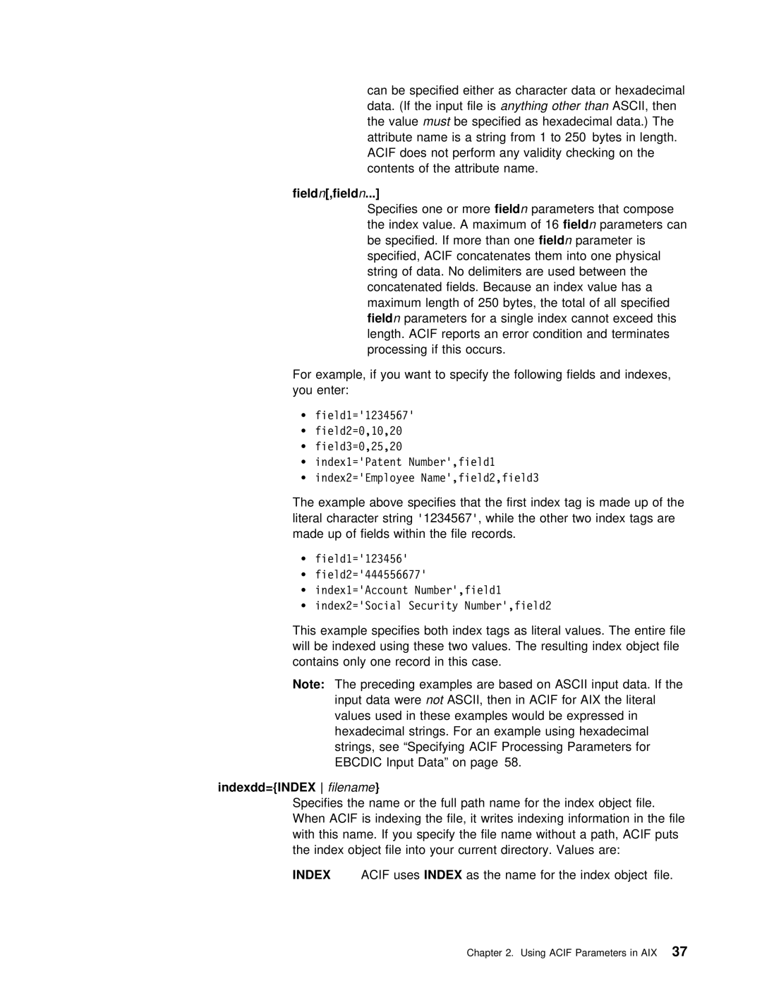 IBM S544-5285-01 manual Field Field n, Filename Specifies Name Full Path Name for Index ob When, Name For Index Object f 