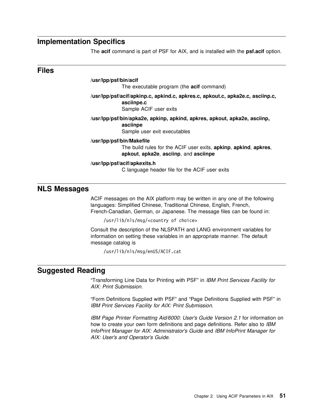 IBM S544-5285-01 manual Implementation Specifics, Files, NLS Messages, Suggested Reading 