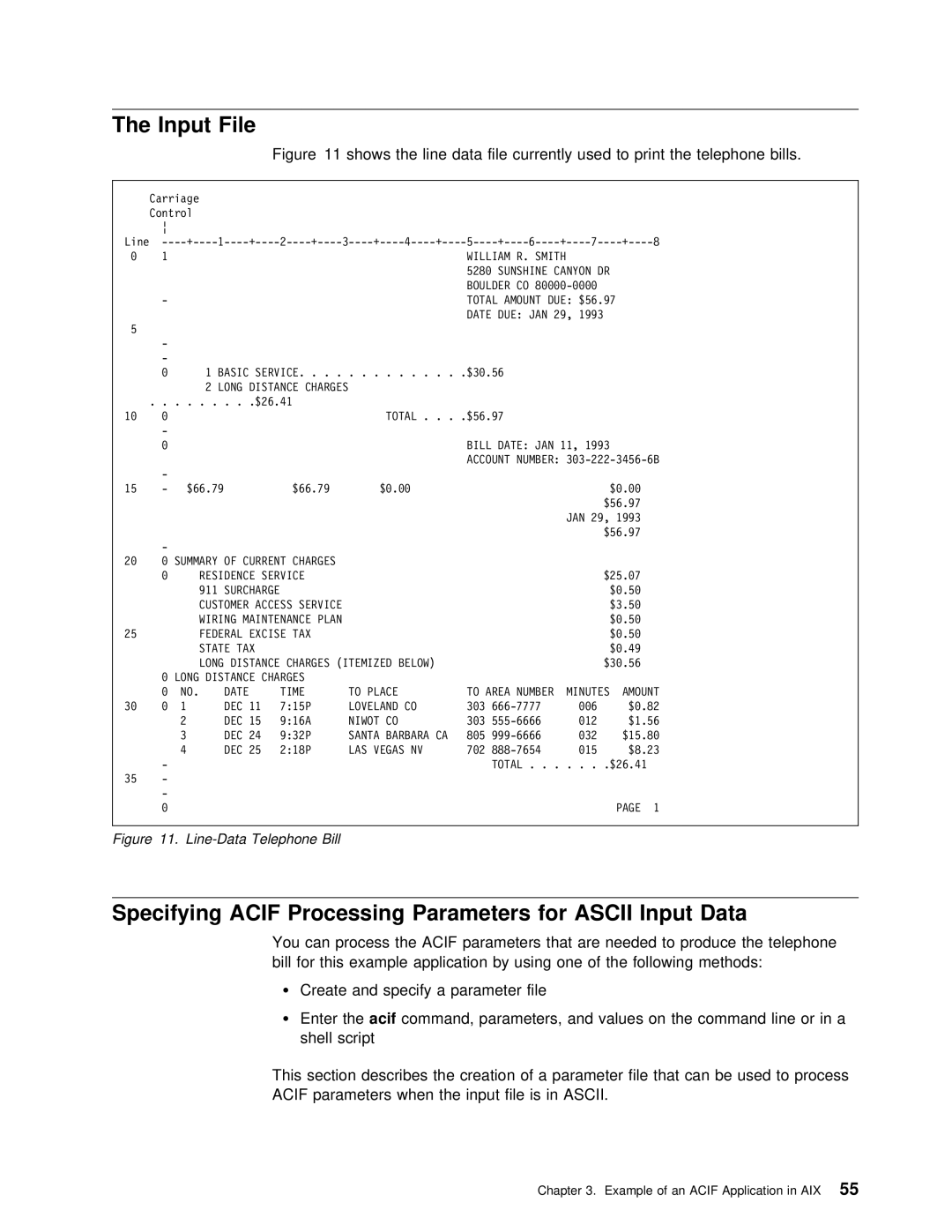 IBM S544-5285-01 manual Input File, Specifying Acif Processing, Line-Data Telephone Bill, Parameters 