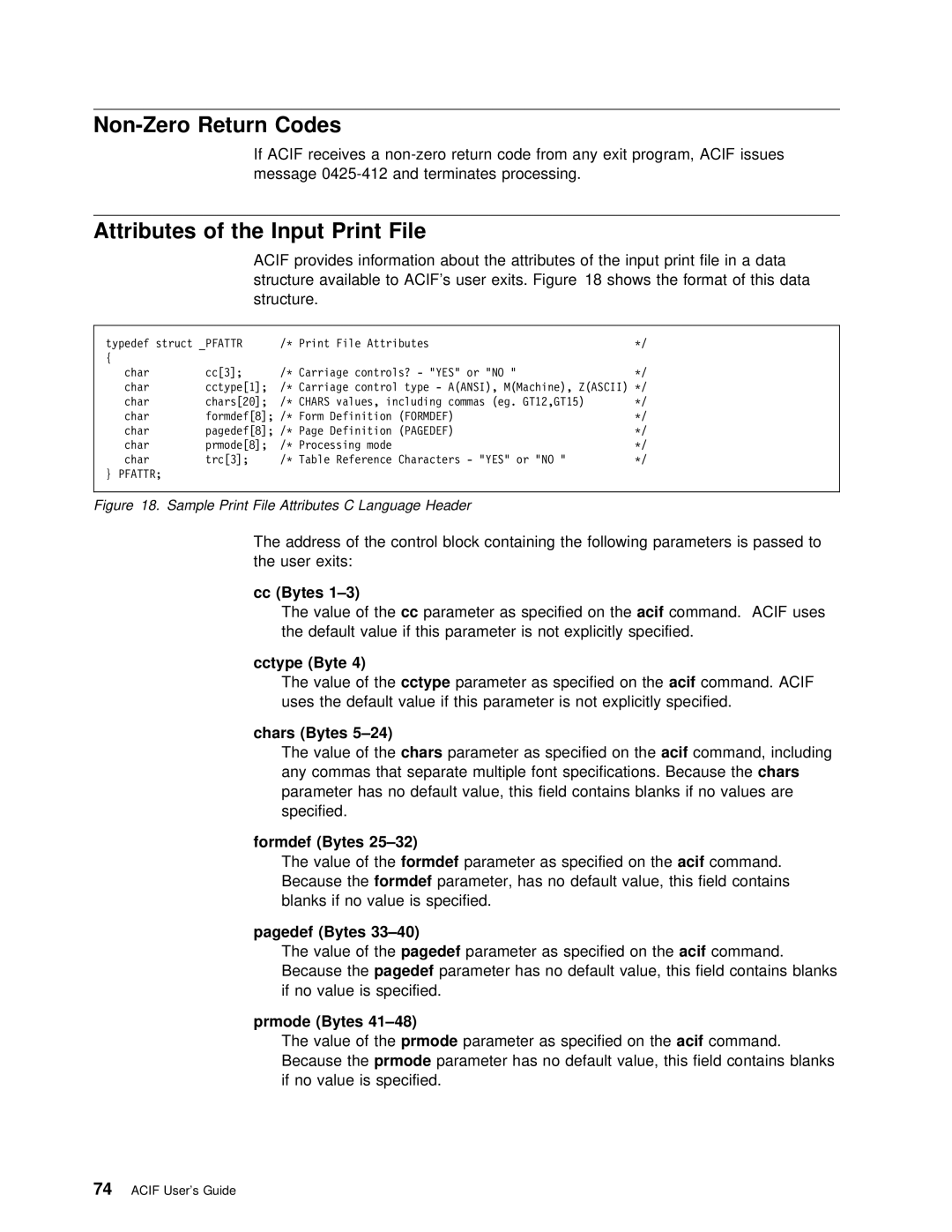 IBM S544-5285-01 manual Non-Zero Return Codes, Cc Bytes, Chars Bytes, Sample Print File Attributes C Language Header 