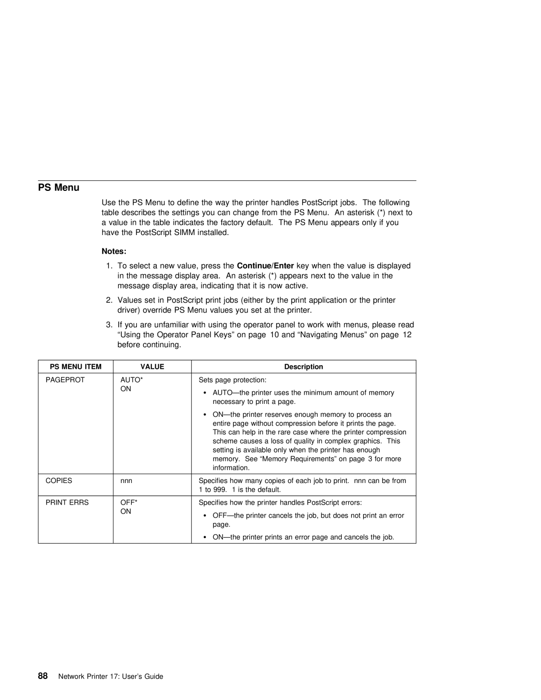 IBM S544-5343-03 manual PS Menu, Print Errs OFF 