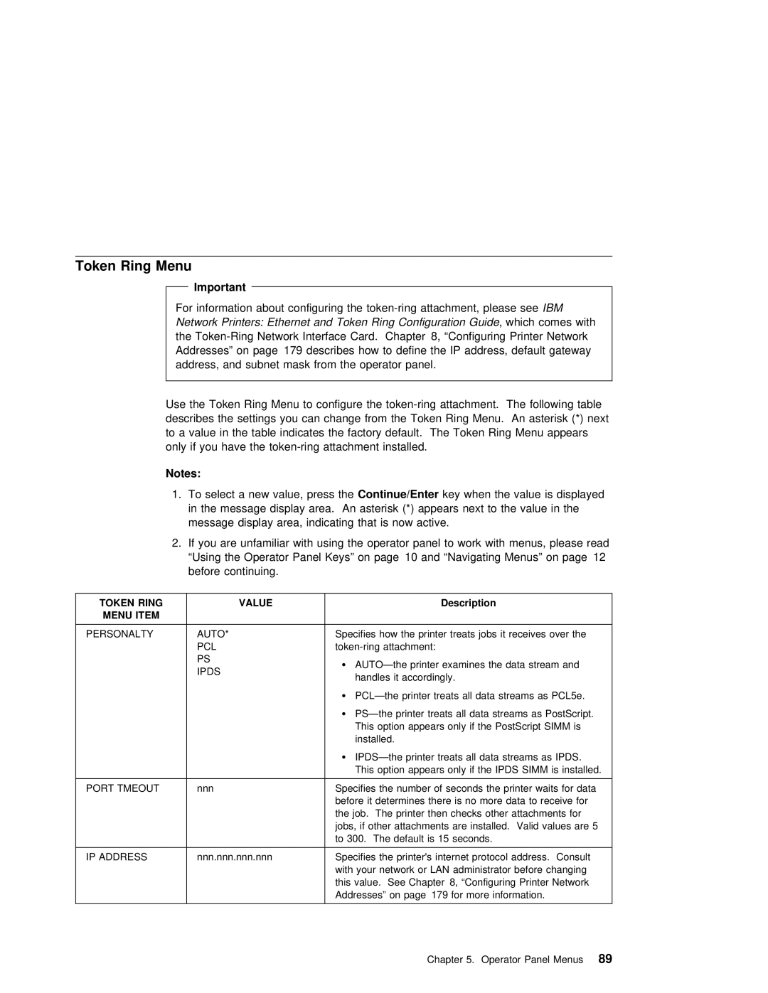 IBM S544-5343-03 manual Token Ring Menu, Ring Value, Tmeout, Address 