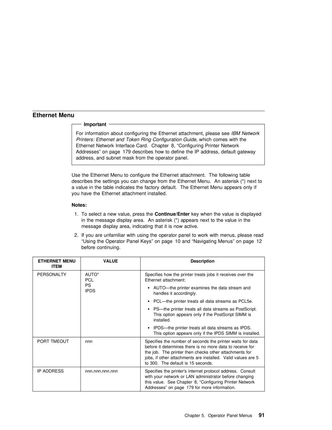 IBM S544-5343-03 manual Ethernet Menu Value 