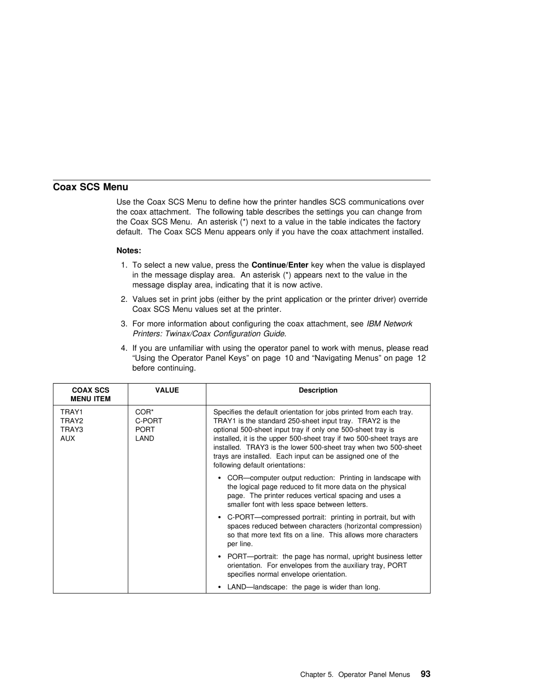 IBM S544-5343-03 manual Coax SCS Menu, TRAY1 COR, TRAY2 Port, TRAY3 Port, AUX Land 