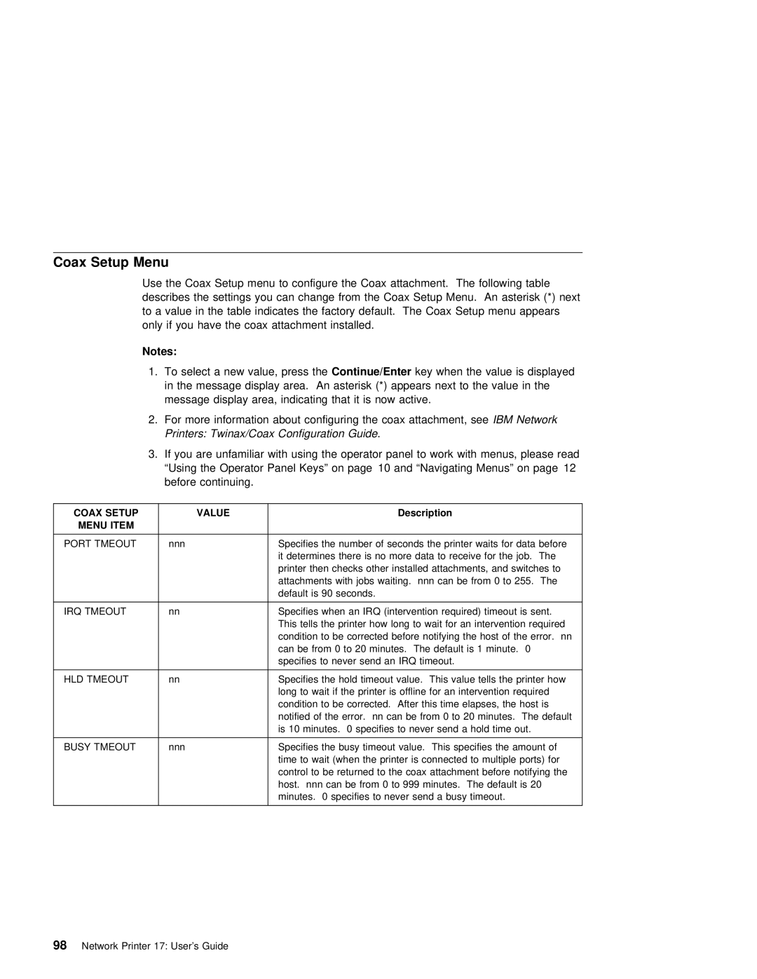 IBM S544-5343-03 manual Coax Setup Menu, IRQ Tmeout, HLD Tmeout 