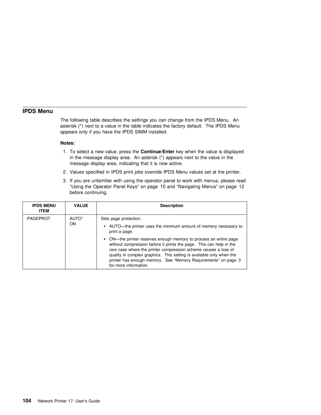 IBM S544-5343-03 manual Ipds Menu Value, Pageprot Auto 