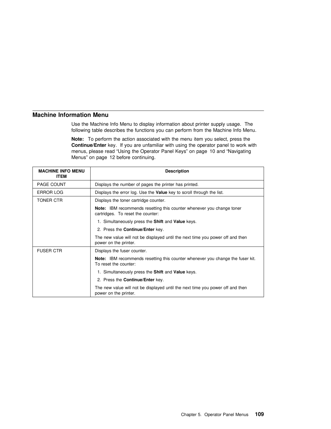 IBM S544-5343-03 manual Machine Information Menu, Ctr, Fuser CTR 