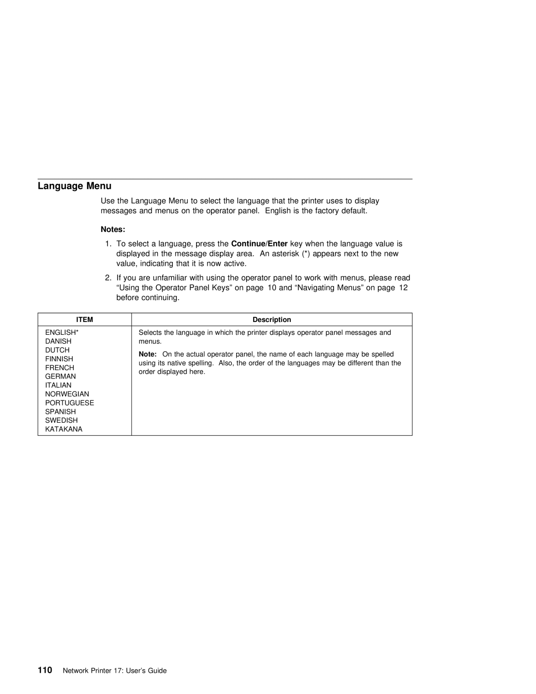 IBM S544-5343-03 manual Language Menu 