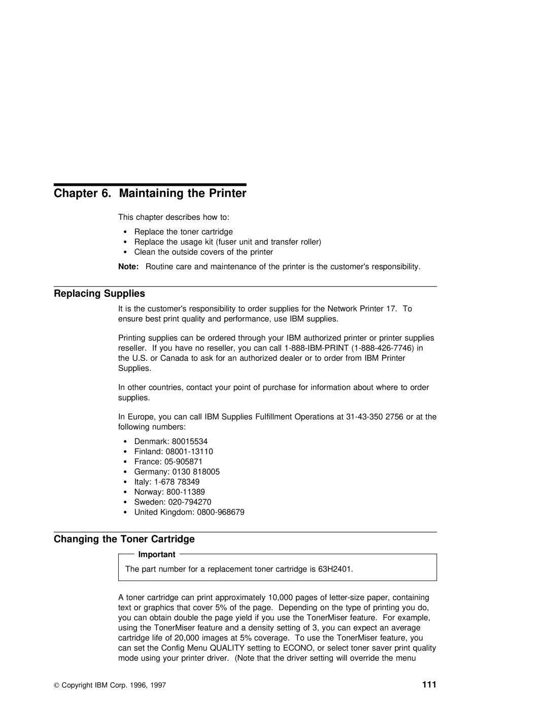 IBM S544-5343-03 manual Printer, Maintaining, Replacing Supplies, Changing the Toner Cartridge 