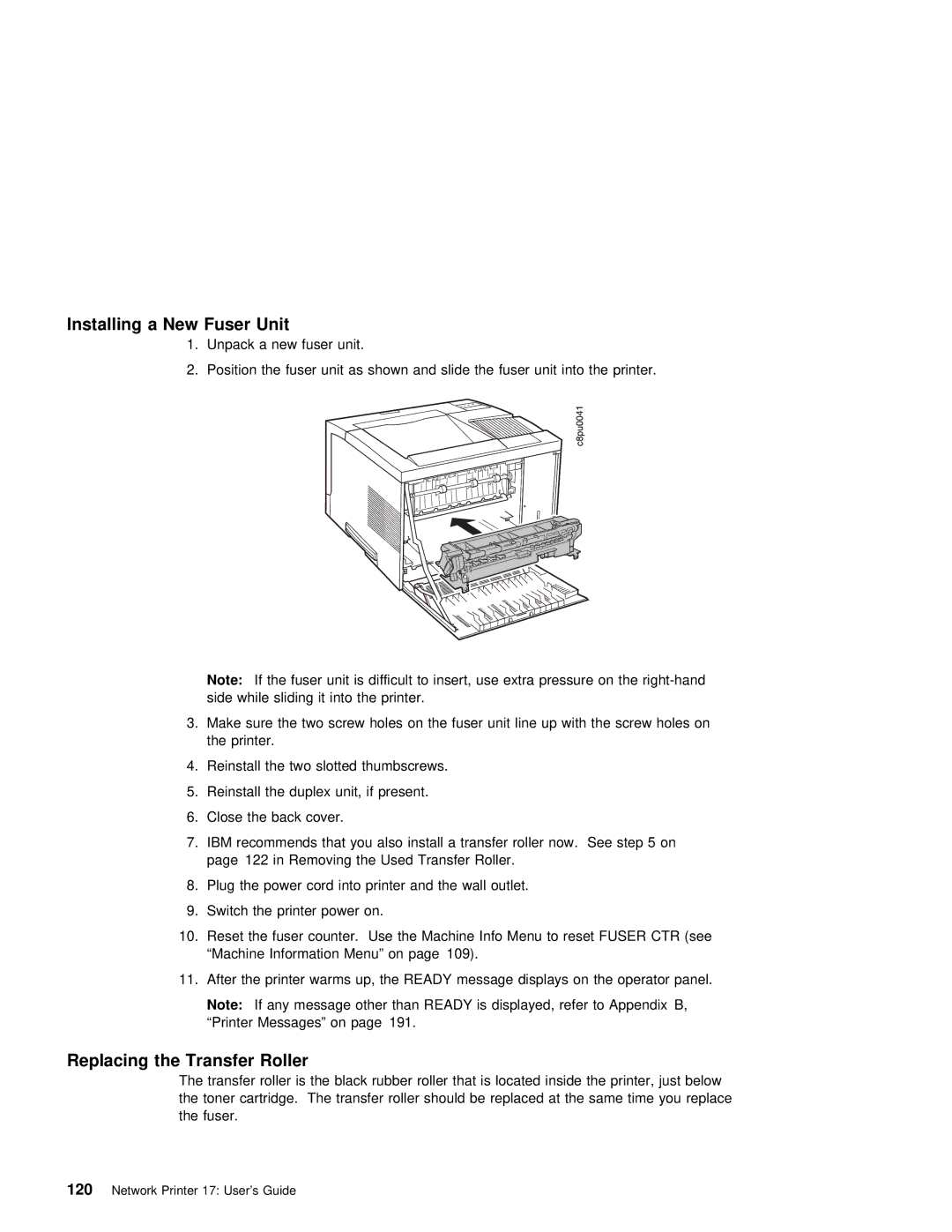 IBM S544-5343-03 manual Installing a New Fuser Unit, Replacing the Transfer Roller 