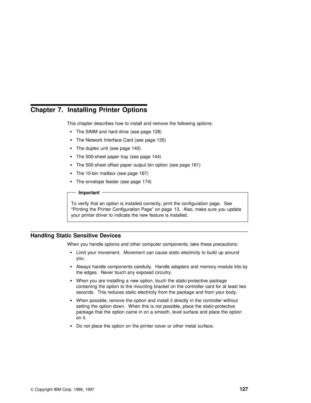 IBM S544-5343-03 manual Installing Printer Options, Handling Static Sensitive Devices 