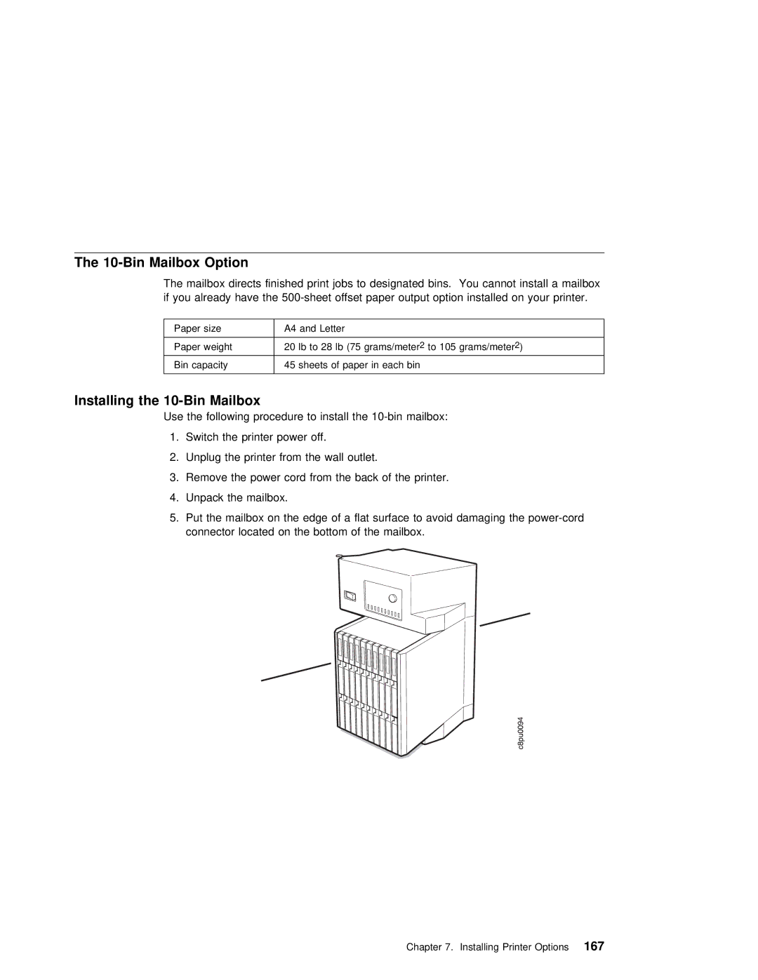 IBM S544-5343-03 manual Bin Mailbox Option, Installing the 10-Bin Mailbox 