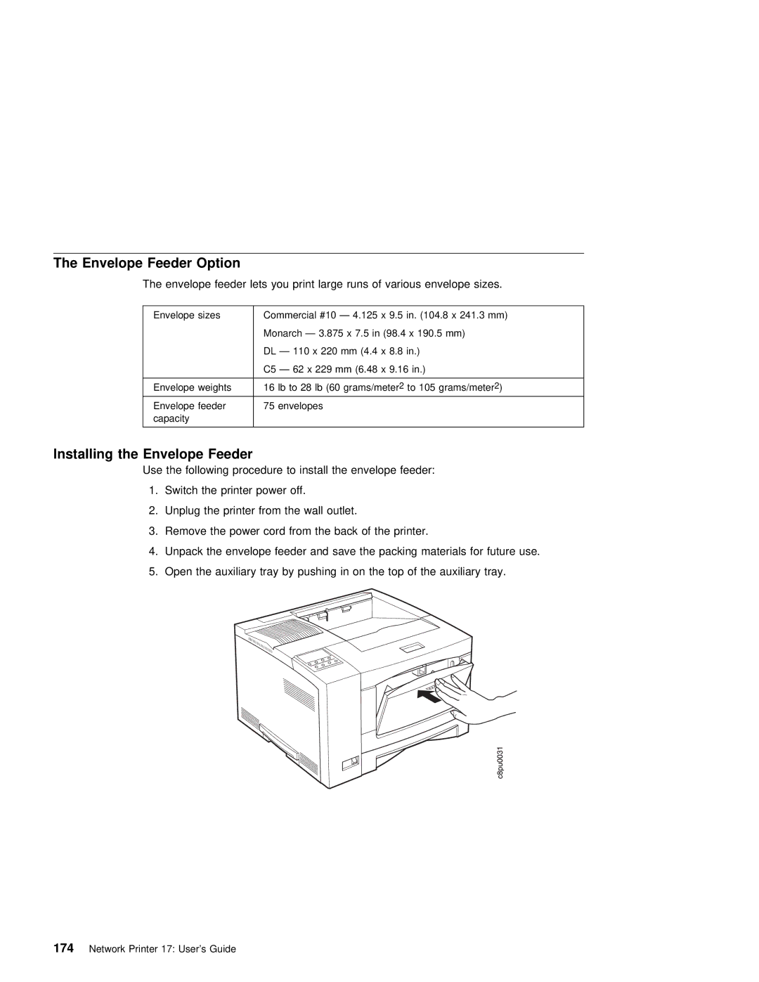 IBM S544-5343-03 manual Envelope Feeder Option, Installing the Envelope Feeder 