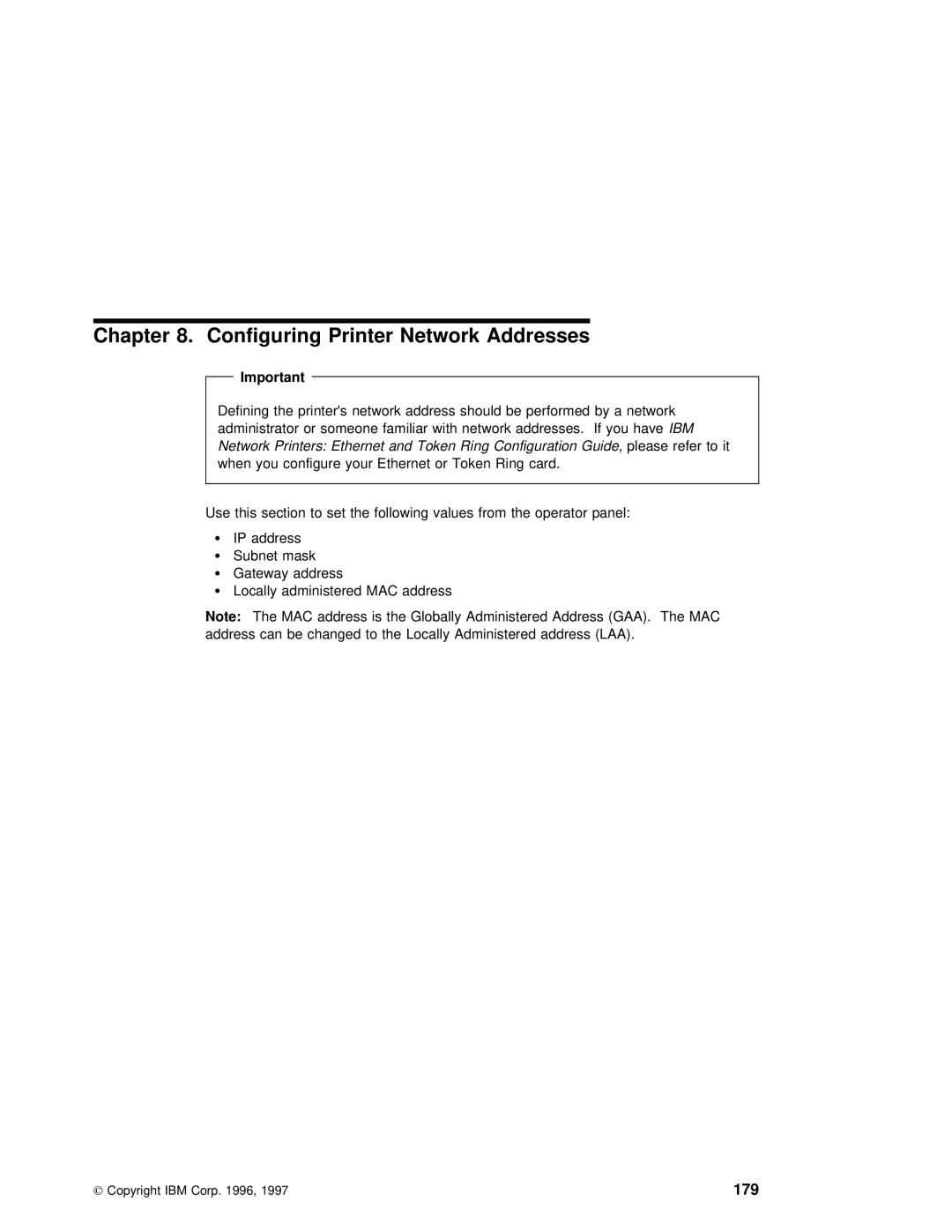 IBM S544-5343-03 manual Configuring Printer Network Addresses 