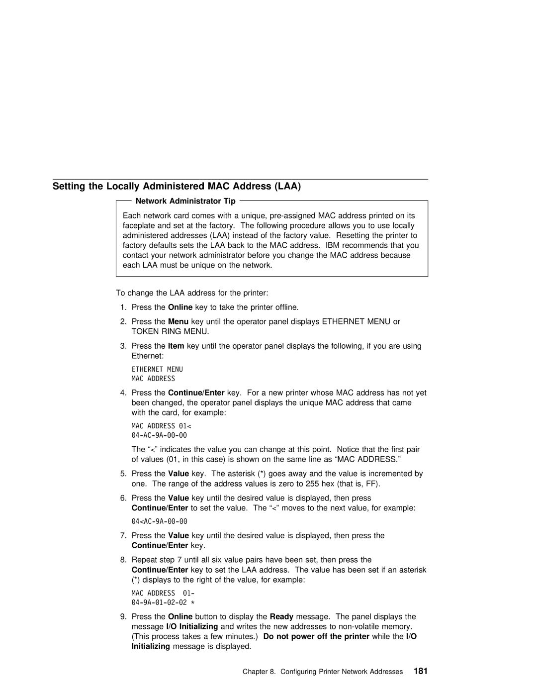 IBM S544-5343-03 manual Setting the Locally Administered, Tip, TheOnline 