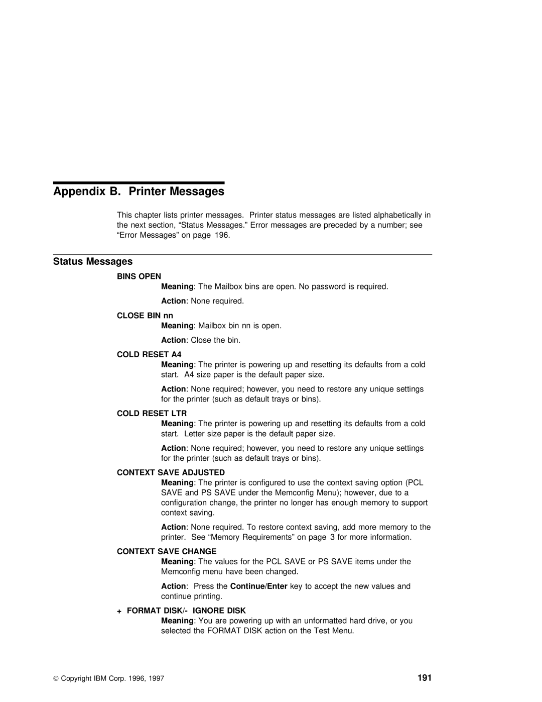 IBM S544-5343-03 manual Appendix B. Printer Messages, Status Messages, Close BIN nn, Save, Format Disk 