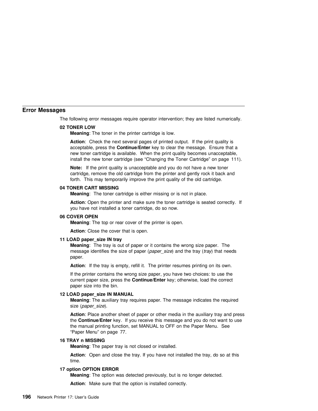 IBM S544-5343-03 manual Error Messages, Load papersize in Manual, Tray n Missing, Option, Papersize 