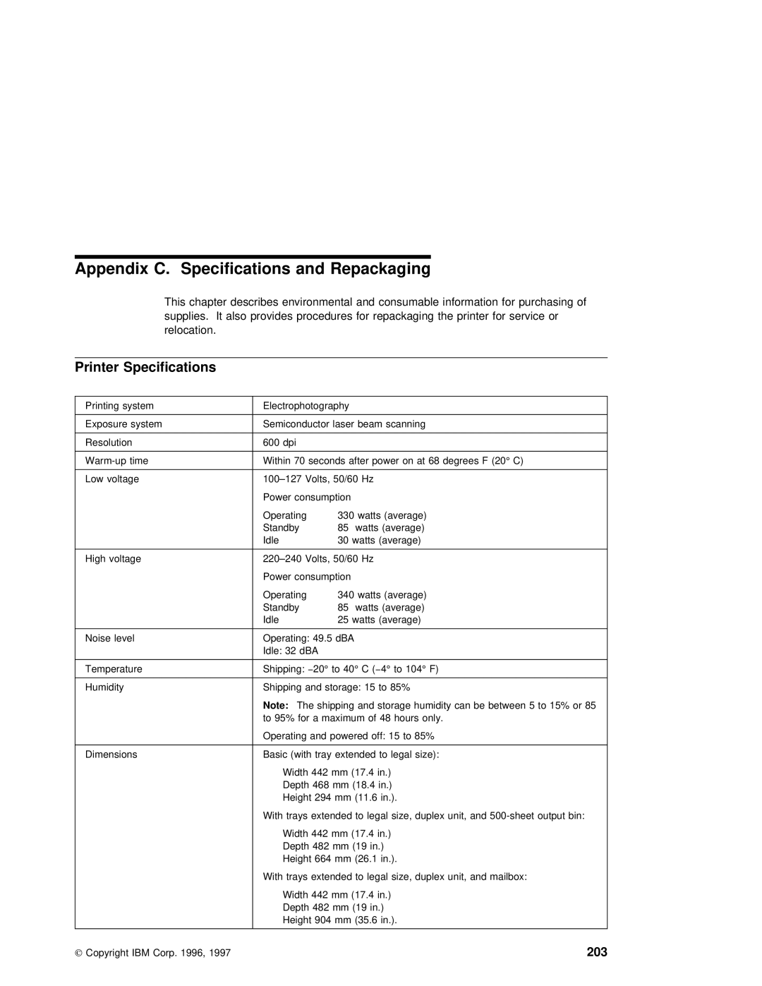 IBM S544-5343-03 manual Appendix C. Specifications and Repackaging, Printer Specifications 