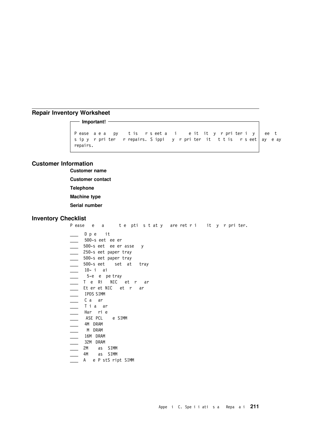 IBM S544-5343-03 manual Repair Inventory Worksheet, Customer Information, Inventory Checklist 