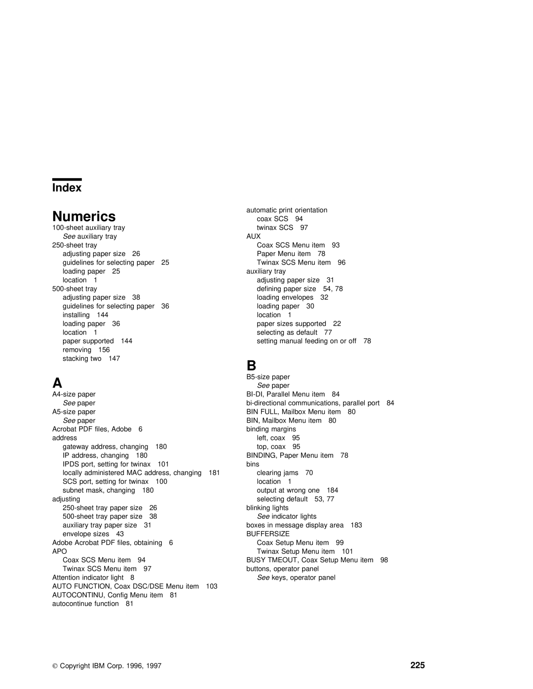 IBM S544-5343-03 manual Index, Numerics, Aux, BIN Full 