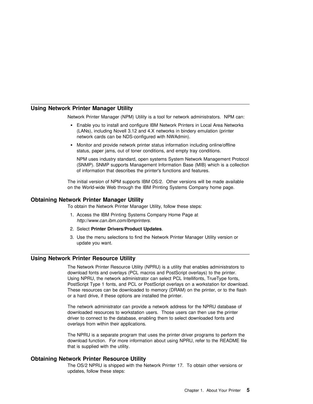 IBM S544-5343-03 manual Using Network Printer Manager Utility, Obtaining Network Printer Manager Utility 