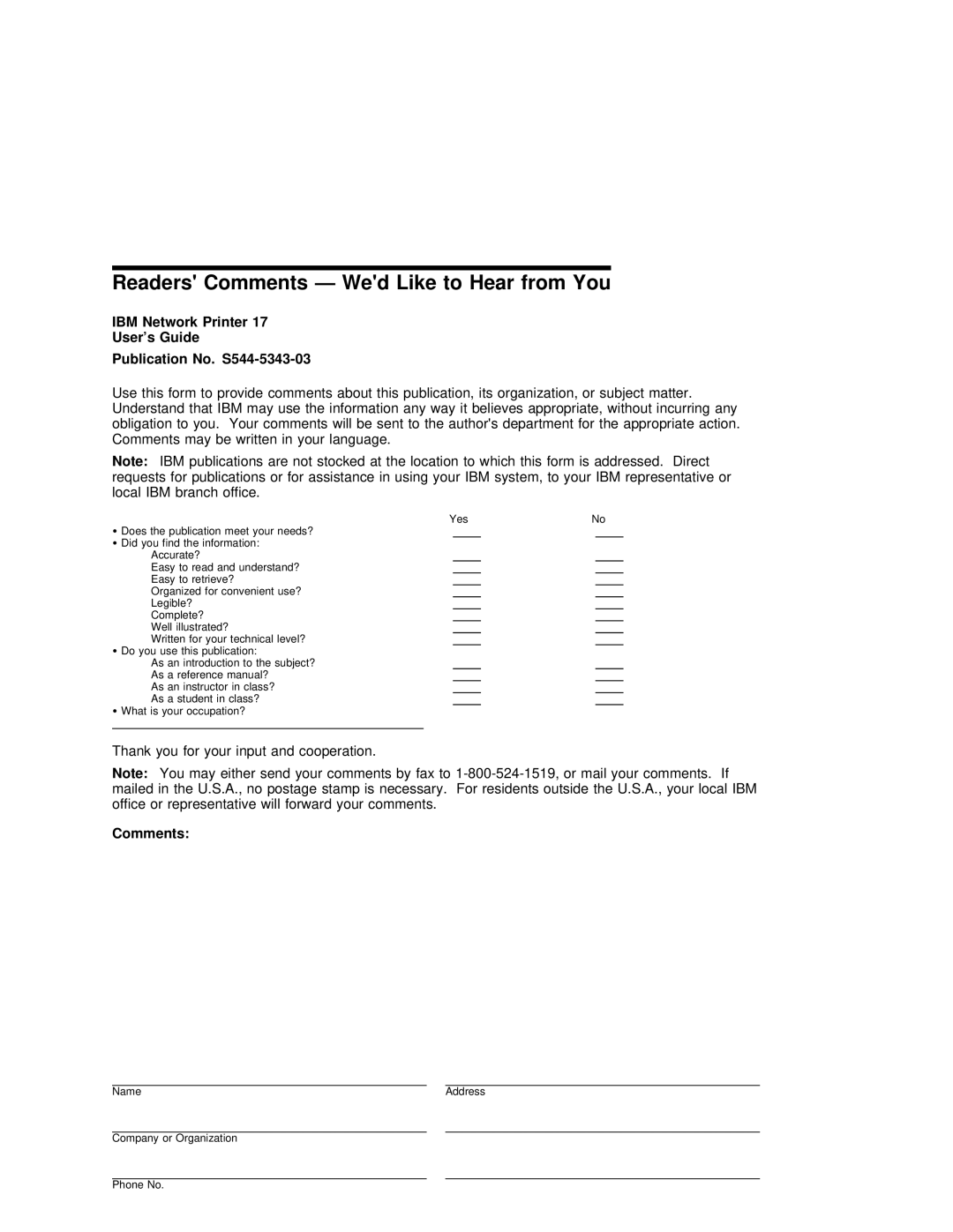 IBM S544-5343-03 manual Readers Comments Wed Like to Hear from You 