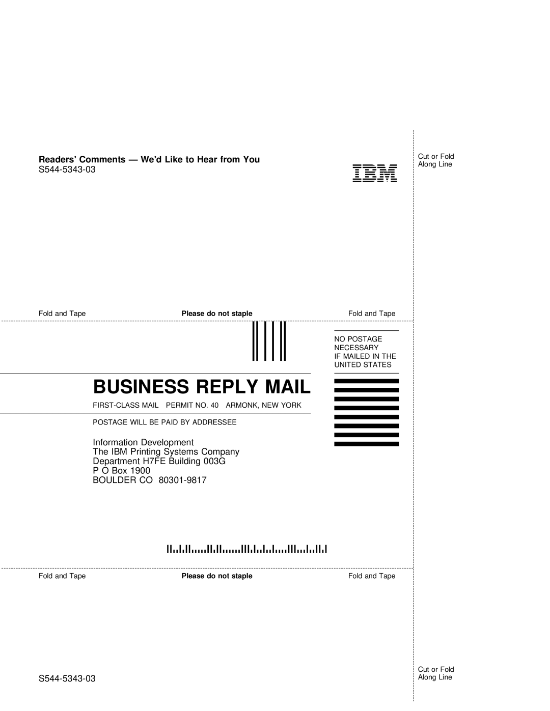 IBM S544-5343-03 manual Fold and Tape, Permit no ARMONK, NEW York, Postage will be Paid by Addressee, Please do not staple 