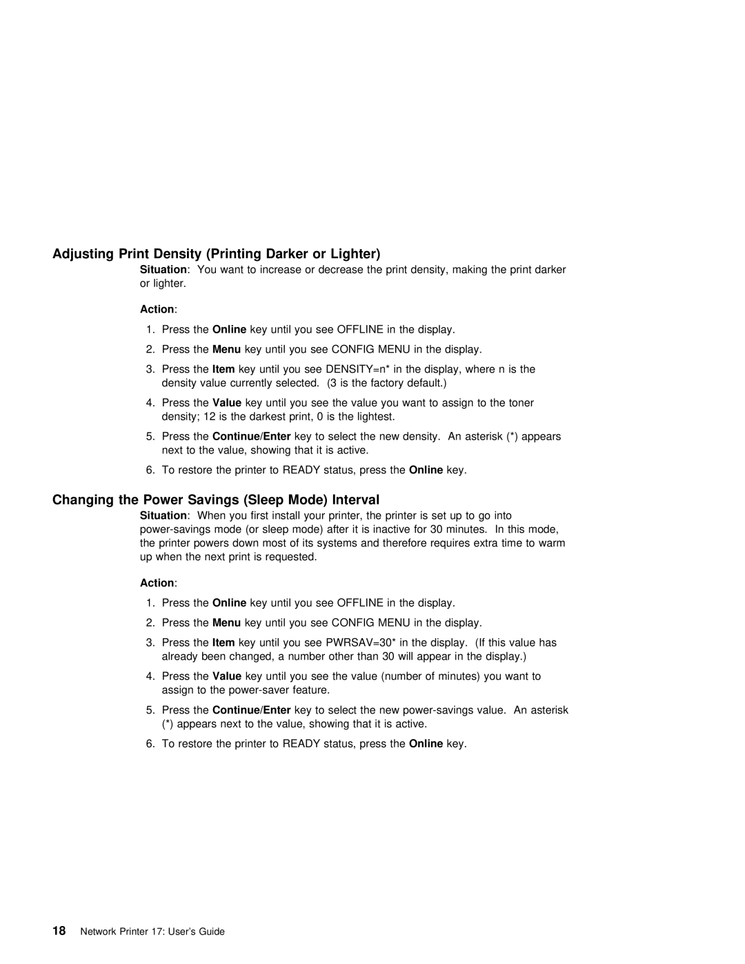 IBM S544-5343-03 manual Adjusting Print Density Printing Darker or Lighter, Sleep Mode, Config, Changing the Power Savings 