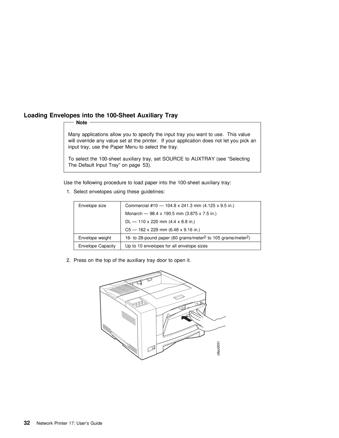 IBM S544-5343-03 manual Tray, Loading Envelopes into 100-Sheet 