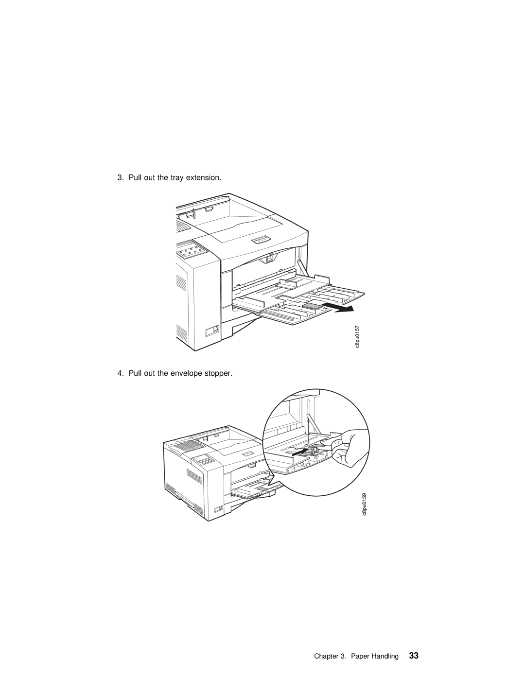 IBM S544-5343-03 manual Pull out the tray extension Pull out the envelope stopper 