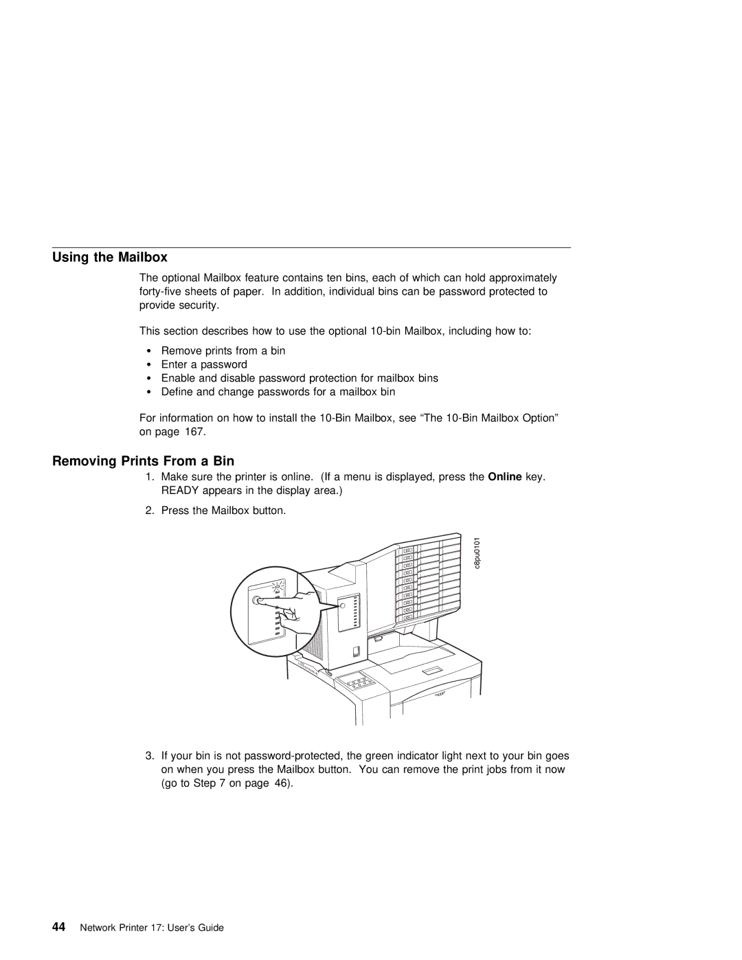 IBM S544-5343-03 manual Using the Mailbox, Removing Prints From a Bin 