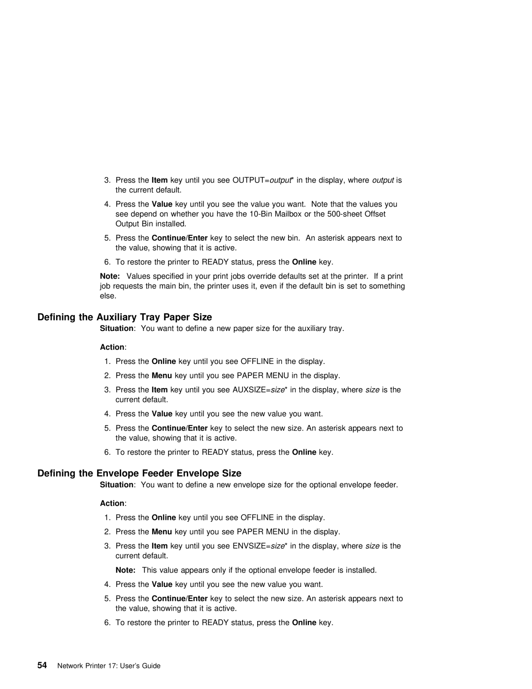 IBM S544-5343-03 manual Defining the Auxiliary Tray Paper Size, Defining the Envelope Feeder Envelope Size 