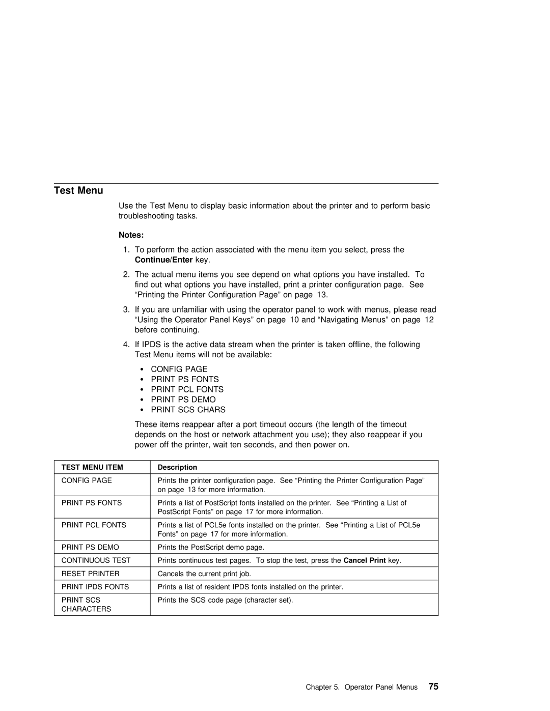 IBM S544-5343-03 manual Test Menu, Config Print, Print SCS Chars 