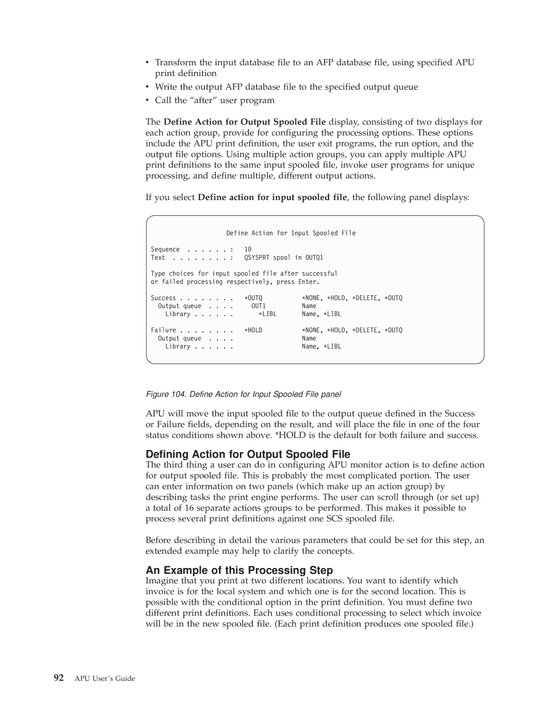 IBM S544-5351-03 manual Defining Action for Output Spooled File, An Example of this Processing Step, Outq, OUT1, Hold 