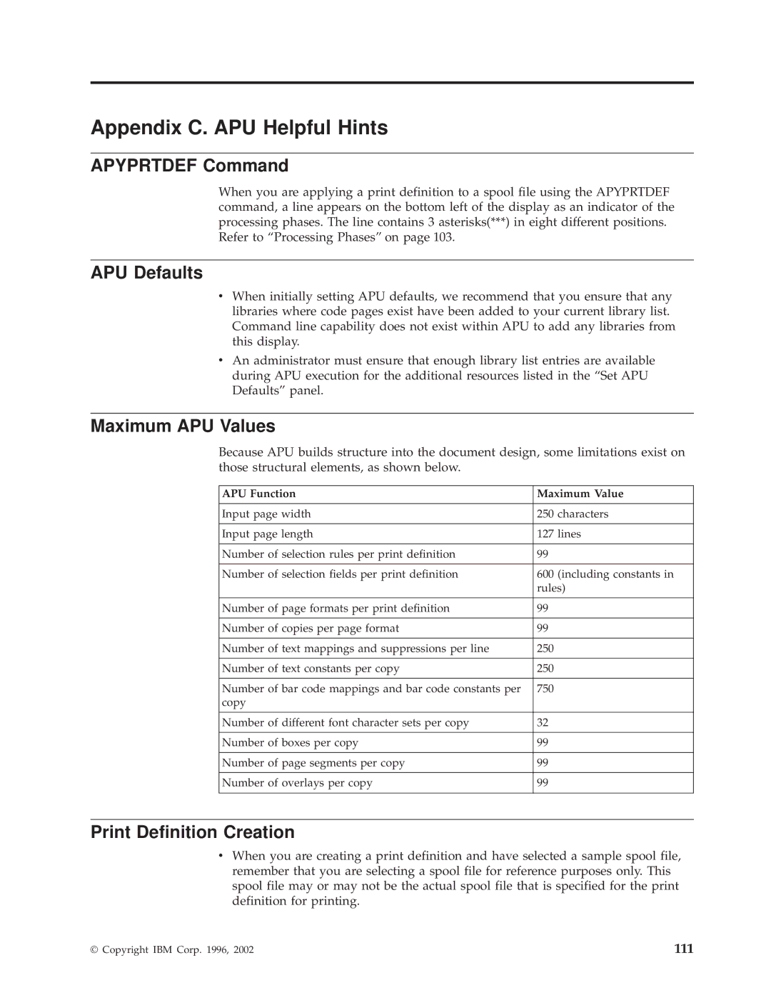 IBM S544-5351-03 manual Appendix C. APU Helpful Hints, Apyprtdef Command, APU Defaults, Maximum APU Values 