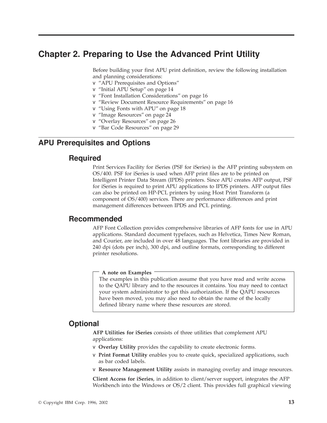 IBM S544-5351-03 manual Preparing to Use the Advanced Print Utility, APU Prerequisites and Options Required, Recommended 