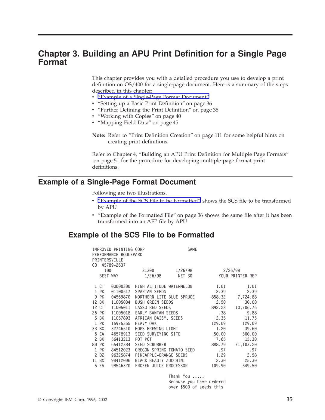 IBM S544-5351-03 manual Building an APU Print Definition for a Single Page Format, Example of a Single-Page Format Document 