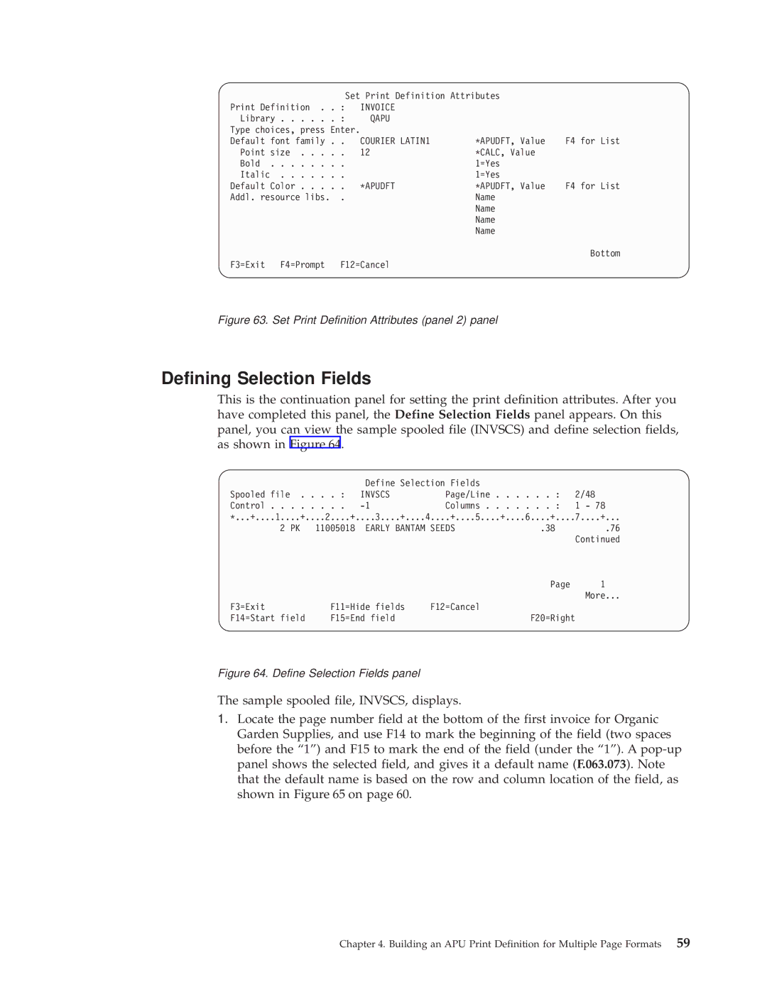 IBM S544-5351-03 manual Defining Selection Fields, Set Print Definition Attributes panel 2 panel 