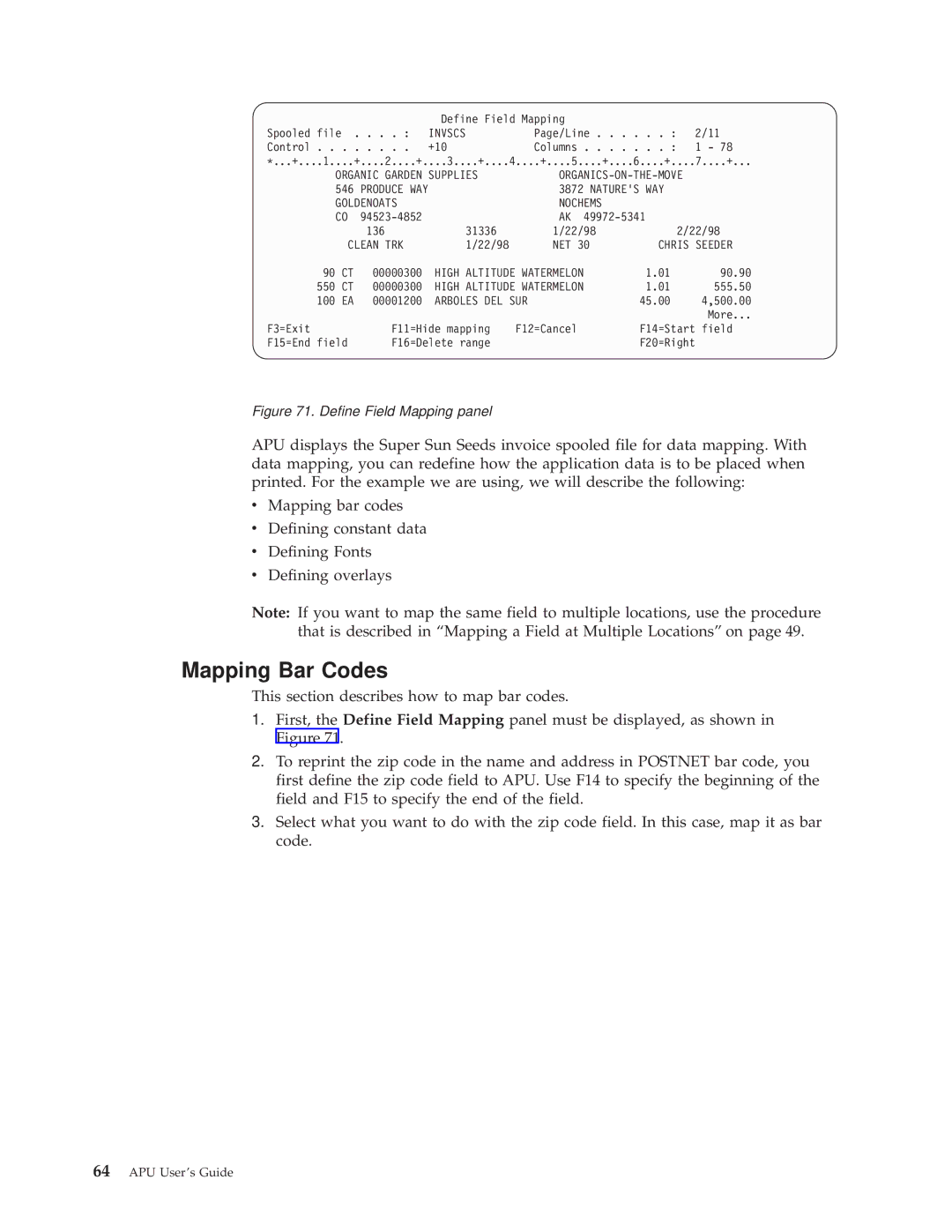 IBM S544-5351-03 manual Mapping Bar Codes, Organic Garden Supplies, Goldenoats Nochems, Chris Seeder 