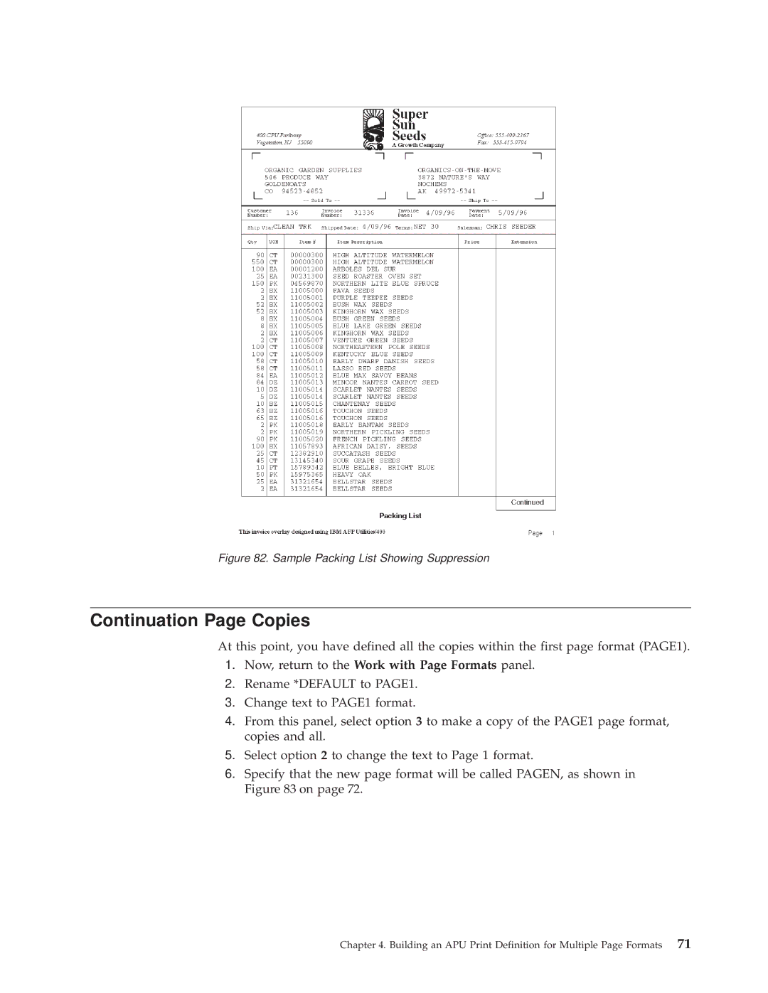 IBM S544-5351-03 manual Continuation Page Copies, Sample Packing List Showing Suppression 