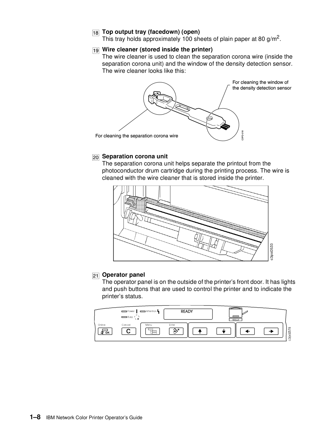 IBM S544-5361-01 quick start Top output tray facedown open, Wire cleaner stored inside the printer, Separation corona unit 