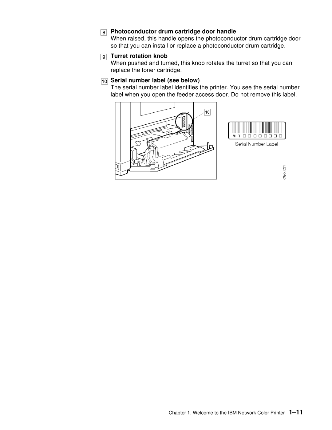 IBM S544-5361-01 quick start Photoconductor drum cartridge door handle, Turret rotation knob, Serial number label see below 