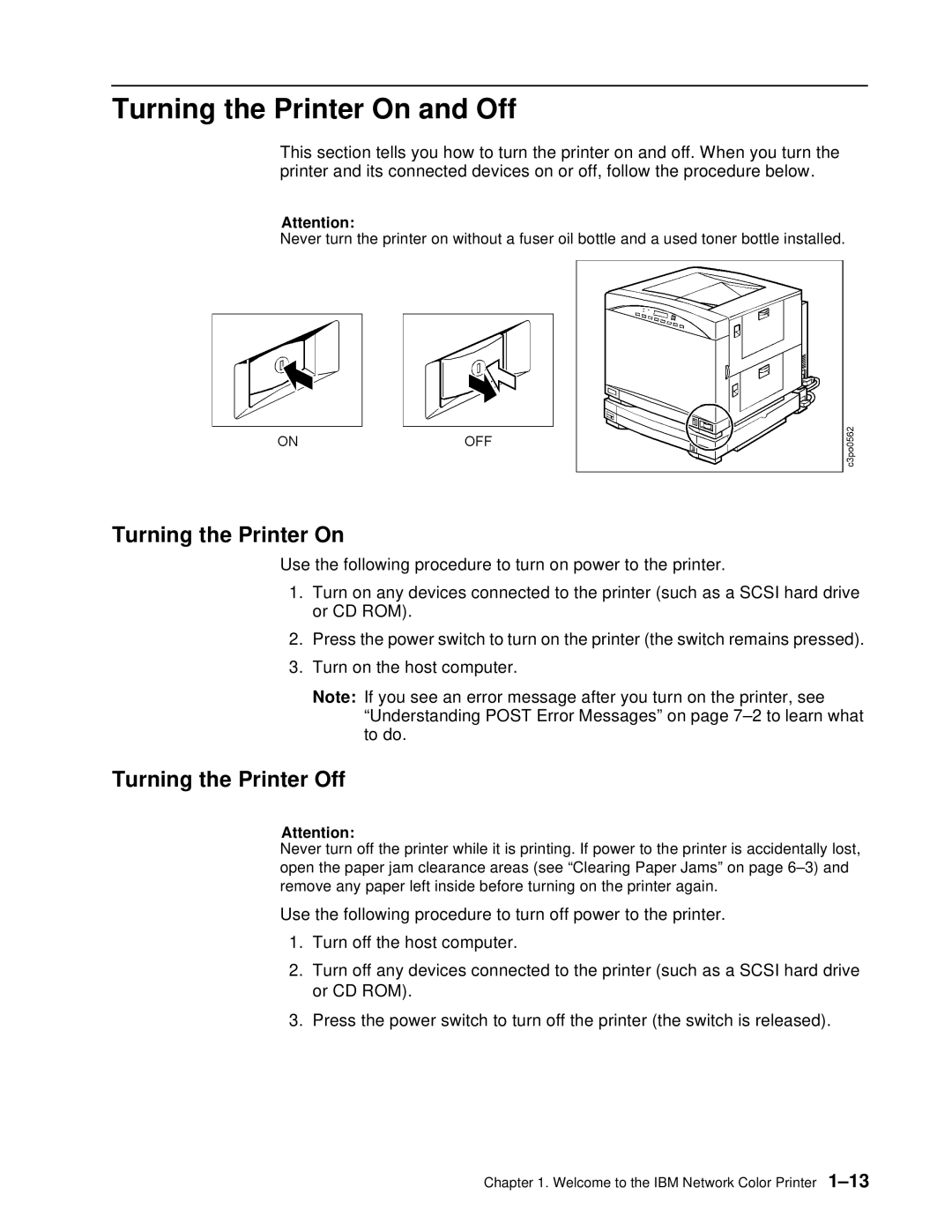 IBM S544-5361-01 quick start Turning the Printer On and Off, Turning the Printer Off 