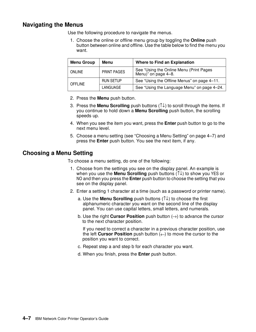 IBM S544-5361-01 quick start Navigating the Menus, Choosing a Menu Setting, Menu Group Where to Find an Explanation 