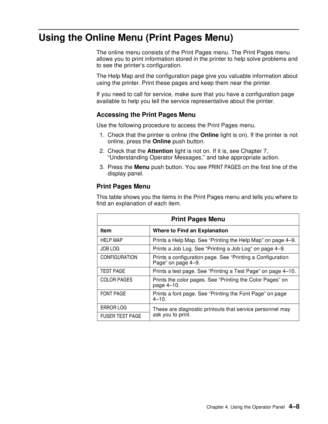 IBM S544-5361-01 quick start Using the Online Menu Print Pages Menu, Accessing the Print Pages Menu 